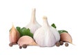Fresh garlic bulbs and cloves with seasonings on white background. Organic food Royalty Free Stock Photo