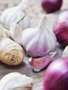 Fresh Garlic cloves with green chives ready to plant Royalty Free Stock Photo