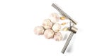Fresh Garlic isolated on white background close-up. Fresh garlic with metal garlic extruder, press Royalty Free Stock Photo