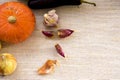 Fresh garlic in pink purple husk disassembled into slices and orange juicy pumpkin on linen tablecloth
