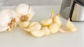 Fresh garlic, and garlic press close-up on white background Royalty Free Stock Photo