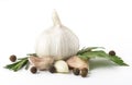 Fresh garlic with rosemary and parsley isolated on white background. Raw garlic Royalty Free Stock Photo