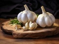 fresh garlic with white peel and rosemary sprigs on a wooden cutting board