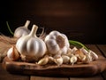 fresh garlic with white peel and rosemary sprigs on a wooden cutting board