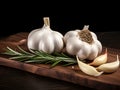 fresh garlic with white peel and rosemary sprigs on a wooden cutting board