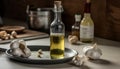 Fresh garlic, wood table, olive oil, vegetable, cooking spice, healthy eating generated by AI