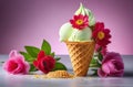 fresh gelato ice cream, fruits, berries and flowers in an ice-cream waffle cone isolated over the background Royalty Free Stock Photo