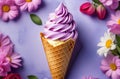 fresh gelato ice cream, fruits, berries and flowers in an ice-cream waffle cone isolated over the background Royalty Free Stock Photo