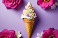 fresh gelato ice cream, fruits, berries and flowers in an ice-cream waffle cone isolated over the background Royalty Free Stock Photo