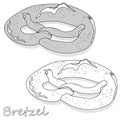 Fresh German pretzel Bretzel with salt and shadows on white background. Vector illustration. Monochrome