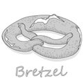 Fresh German pretzel Bretzel with salt and shadows on white background. Vector illustration. Monochrome