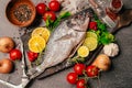 Fresh gilthead sea bream.Local fish market.Fresh seafood.Expensive dorado fish recipe and seasoning.Healthy Mediterranean diet. Royalty Free Stock Photo