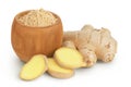 fresh ginger and ground ginger in wooden bowl spice isolated on white background Royalty Free Stock Photo