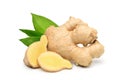 Fresh ginger rhizome with sliced and green leaves Royalty Free Stock Photo