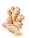 Fresh ginger root and dry powder isolated on white Royalty Free Stock Photo