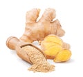 Fresh ginger root and dry powder isolated on white Royalty Free Stock Photo