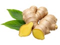 Fresh ginger root with green leaves on white background Royalty Free Stock Photo
