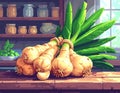 Fresh Ginger Root with Green Leaves on Wooden Surface in Kitchen Setting Royalty Free Stock Photo
