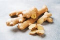 Fresh ginger root on grey background. Copy space Royalty Free Stock Photo