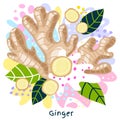 Fresh ginger root juice splash organic food condiment spice splatter. Spice spicy herbs. Abstract colorful art splatter Royalty Free Stock Photo