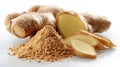 Fresh ginger root and ginger powder with sliced pieces Royalty Free Stock Photo