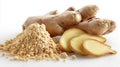 Fresh ginger root and ginger powder with sliced pieces Royalty Free Stock Photo