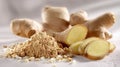 Fresh ginger root and ginger powder with sliced pieces Royalty Free Stock Photo