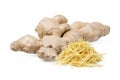 Fresh ginger root rhizome with shredded ginger on white background