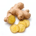 Fresh ginger root and slices with bright yellow interior on white background sliced ginger Royalty Free Stock Photo