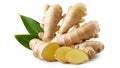 Fresh Ginger Root with Slices and Green Leaves on White Background Royalty Free Stock Photo
