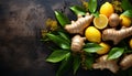 Fresh ginger roots with lush green leaves and vibrant lemons on a dark, moody background, invoking a sense of freshness