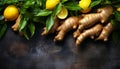 Fresh ginger roots with lush green leaves and vibrant lemons on a dark, moody background, invoking a sense of freshness