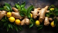 Fresh ginger roots with lush green leaves and vibrant lemons on a dark, moody background, invoking a sense of freshness