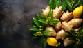 Fresh ginger roots with lush green leaves and vibrant lemons on a dark, moody background, invoking a sense of freshness