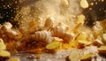 Fresh ginger roots and slices with golden dust explosion Royalty Free Stock Photo