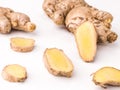 Fresh Ginger on white texture background stock image.