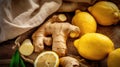 Fresh ginger and yellow lemon slices on hessian tablecloth - generative AI