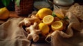 Fresh ginger and yellow lemon slices on hessian tablecloth - generative AI