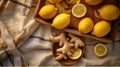 Fresh ginger and yellow lemon slices on hessian tablecloth - generative AI