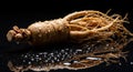 Fresh Ginseng Root with Water Droplets on Black Surface Royalty Free Stock Photo