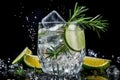 Fresh Gintonic with lime and juniper branch on black background. Ai generative Royalty Free Stock Photo