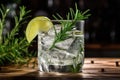 Fresh Gintonic with lime and juniper branch on rustic wooden background. Ai generative Royalty Free Stock Photo