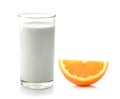 Fresh Glass of Milk and Half of juicy orange on white b