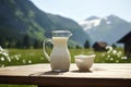 Fresh glass of milk on wooden table with summer mountains on background. illustration of healthy rustic lifestyle