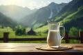 Fresh glass of milk on wooden table with summer mountains on background. illustration of healthy rustic lifestyle