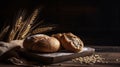 Fresh golden crispy bread with flour and wheat on the wooden table