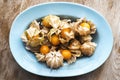 Fresh gooseberries on blue ceramic plate Royalty Free Stock Photo