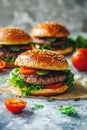 Fresh Gourmet Cheeseburger with Lettuce, Tomato, Onion, and Pickles on a Sesame Bun