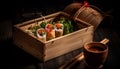 Fresh gourmet dim sum steamed in organic bamboo container generated by AI
