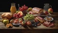 Fresh gourmet meal on rustic table with fruit, meat, and bread generated by AI